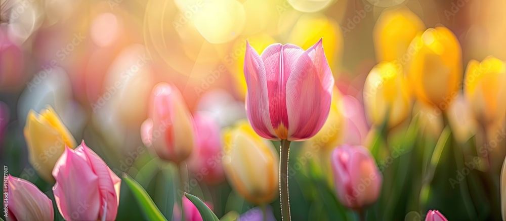 Obraz premium Hot pink tulips in focus surrounded by blurred yellow tulips in a botany park garden represent care attachment and good wishes in a spring morning sunlight setting ideal for a copy space image