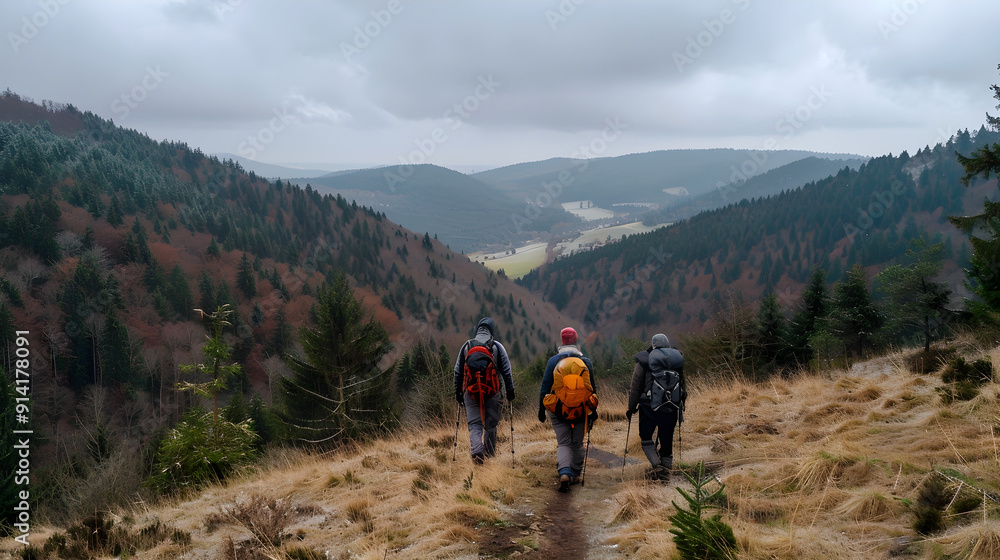 Four friends hiking through the lush, dense trees of the Black Forest on a sunny day. Four friends hiking through the lush, dense trees of the Black Forest on a sunny day.