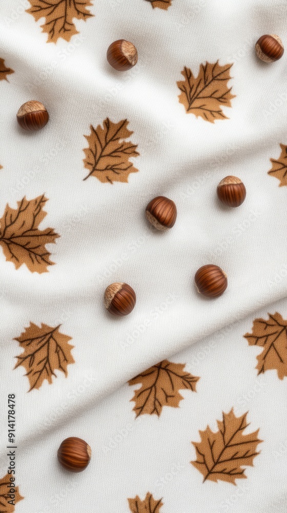 Dried autumn leaves and various nuts are artistically scattered on a light surface, showcasing warm fall colors and textures Dried autumn leaves and various nuts are artistically scattered on a light surface, showcasing warm fall colors and textures