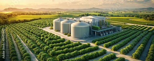 Biogas plant in a green field.