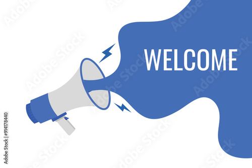 welcome button, banner, label, template for website. welcome text with colorful megaphone icon
