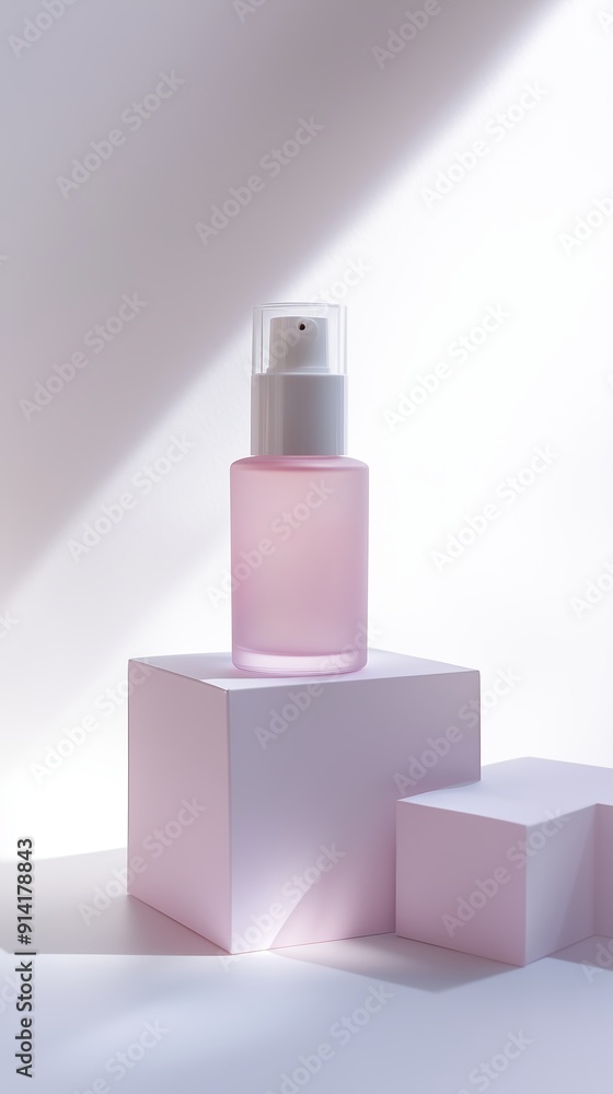 Elegant Pink Skincare Bottle Displayed on Geometric White Pedestals in Soft Natural Light Elegant Pink Skincare Bottle Displayed on Geometric White Pedestals in Soft Natural Light