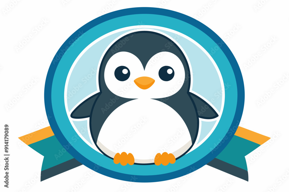 Fototapeta premium Cartoon Penguin in a Blue Circle with a Ribbon