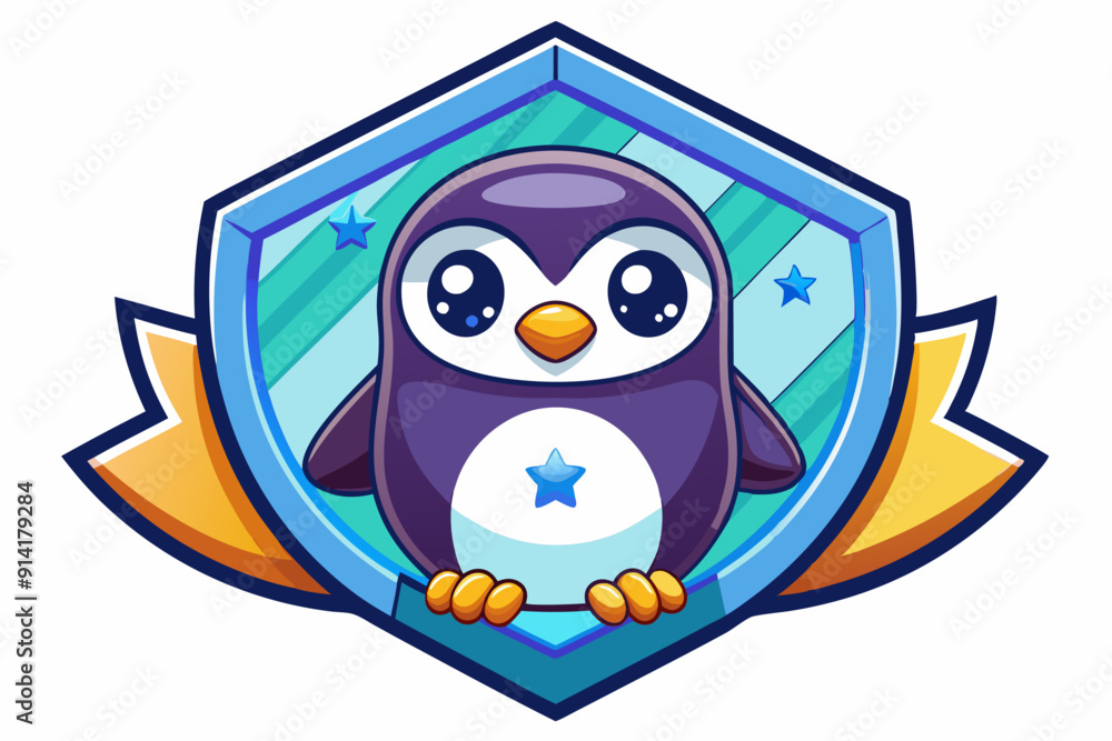 Naklejka premium Cute Cartoon Penguin Inside a Blue Shield with Stars