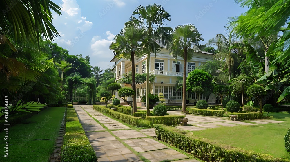 Naklejka premium Tropical Garden with a View of a Colonial House