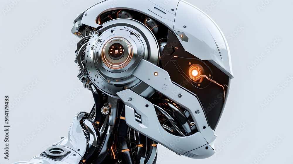 Fototapeta premium Futuristic Robot Head with Glowing Eyes and Metallic Details - Science Fiction, Artificial Intelligence, Cyborg, Technology, Machine Learning, Automation, Innovation, AI, 3D Render, White Background