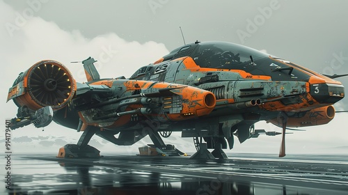Concept assault fighter, gunship with scratched metal grey-green, orange paint, turbines, guns. Single pilot spaceship standing on the landing pad. Science fiction vehicle for space wars. 3d render.1