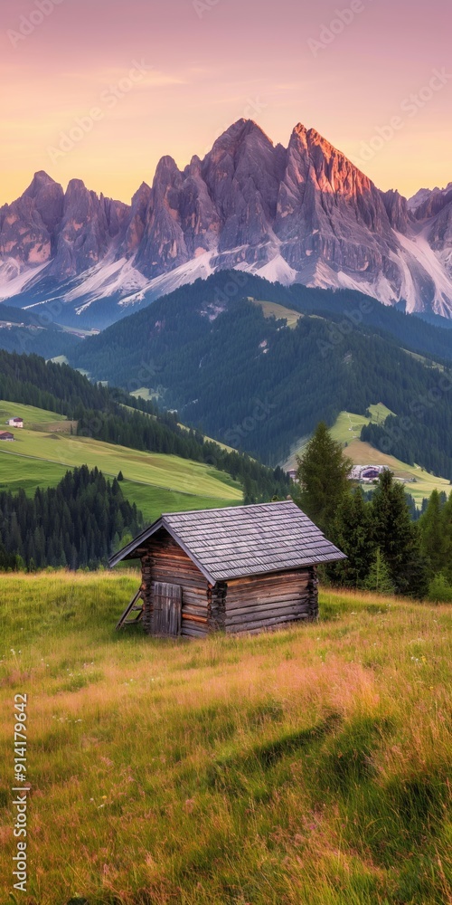 A small cabin is nestled in a grassy field with a mountain in the background. The cabin is surrounded by trees and the sky is a beautiful mix of orange and pink hues. Concept of peace and tranquility A small cabin is nestled in a grassy field with a mountain in the background. The cabin is surrounded by trees and the sky is a beautiful mix of orange and pink hues. Concept of peace and tranquility