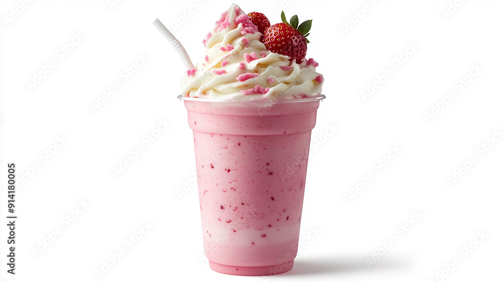 strawberry milkshake with ice cream on isolated white background