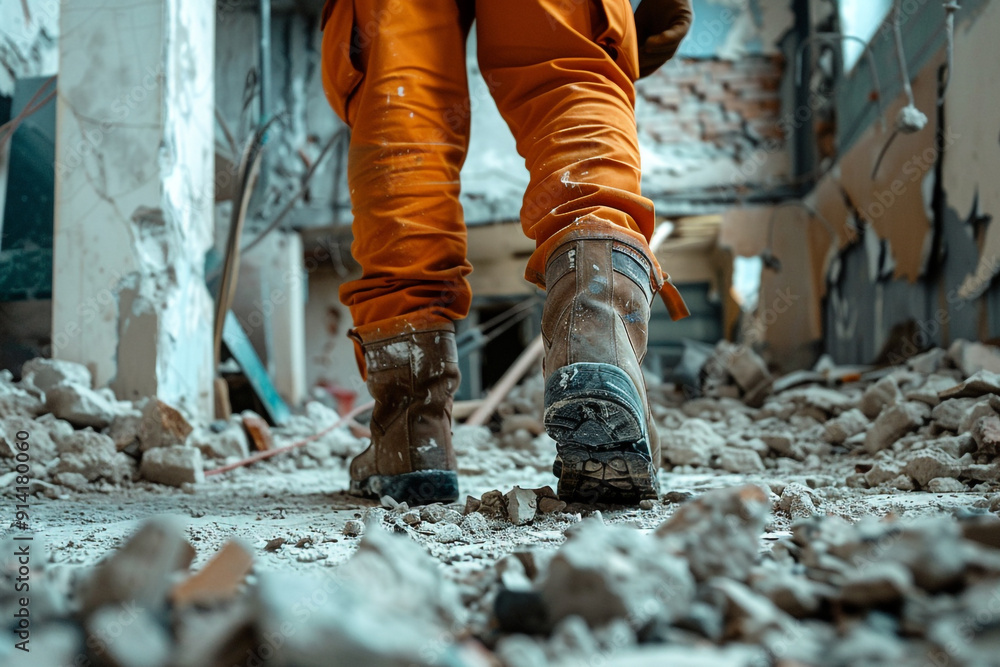 A man in an orange jumpsuit is working on a construction site doing demolition work. A man in an orange jumpsuit is working on a construction site doing demolition work.