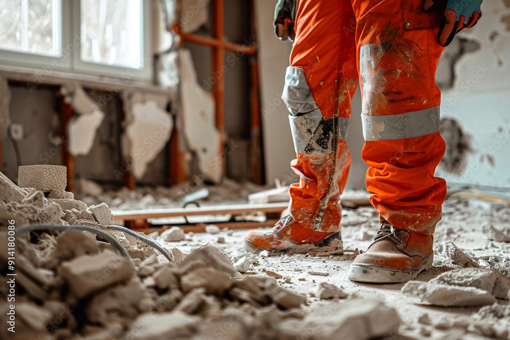 A man in an orange jumpsuit is working on a construction site doing demolition work. A man in an orange jumpsuit is working on a construction site doing demolition work.