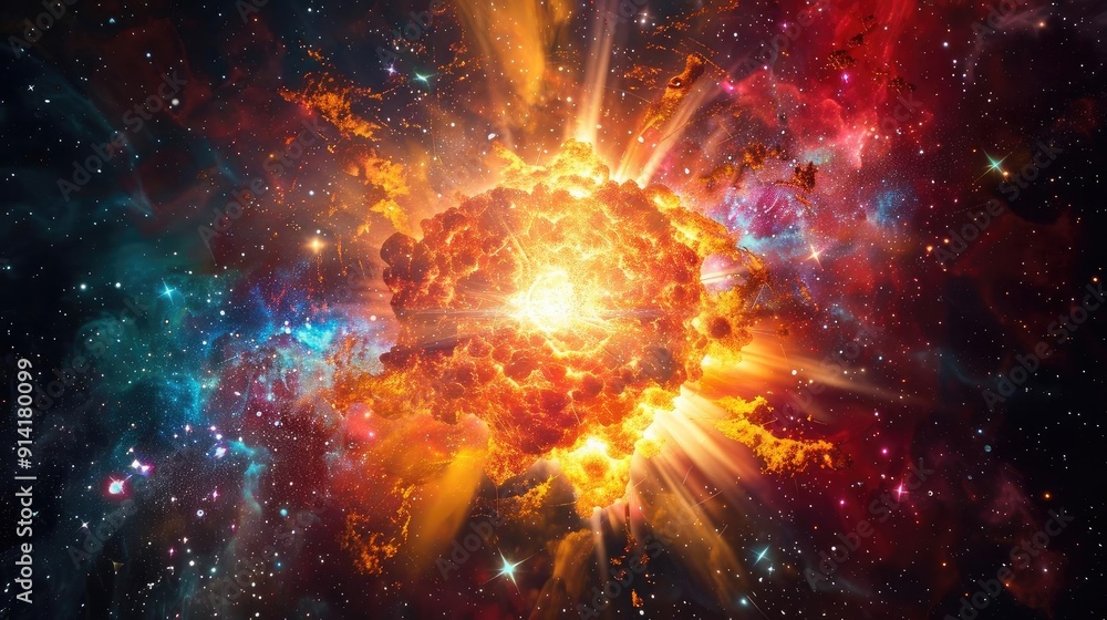 Obraz premium A vibrant cosmic explosion showcasing vivid colors and dynamic energy in the universe, a stunning representation of celestial beauty.