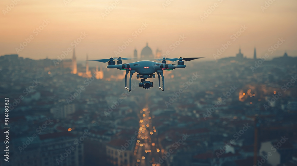 Naklejka premium A drone is flying over a city at dusk
