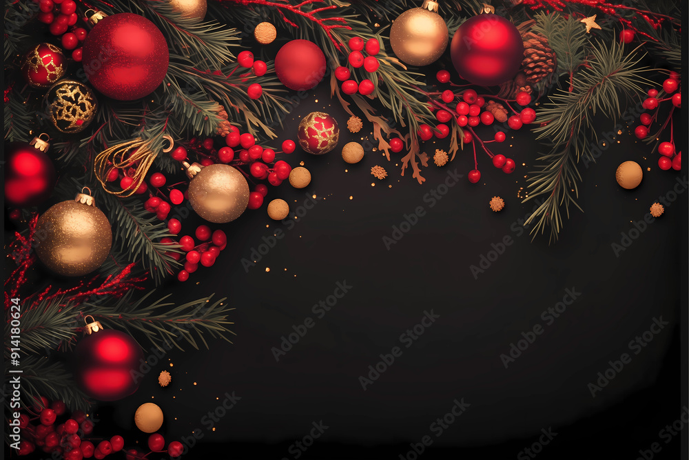Christmas decoration with red and gold baubles on black background. Christmas tree branch border with decorations,New Year festive concept Christmas decoration with red and gold baubles on black background. Christmas tree branch border with decorations,New Year festive concept
