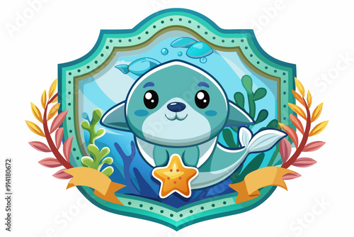 Cute Seal Cartoon Illustration with Starfish and Underwater Plants