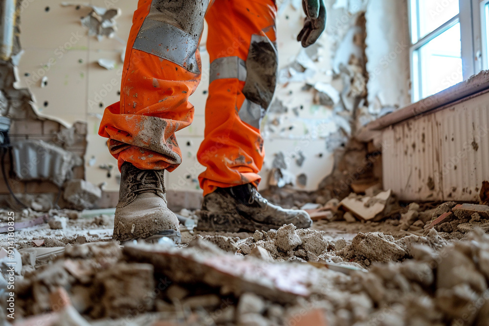 A man in an orange jumpsuit is working on a construction site doing demolition work. A man in an orange jumpsuit is working on a construction site doing demolition work.