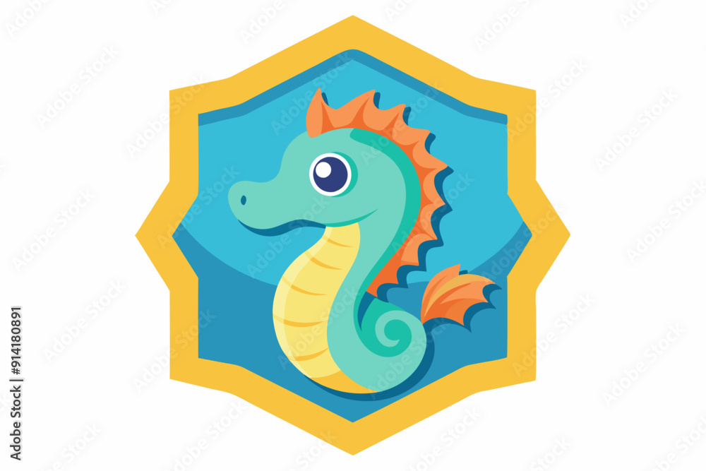Fototapeta premium Cartoon Seahorse in Yellow Frame on Blue Background