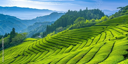 Lush green tea plantation on a hillside with a misty mountain backdrop.