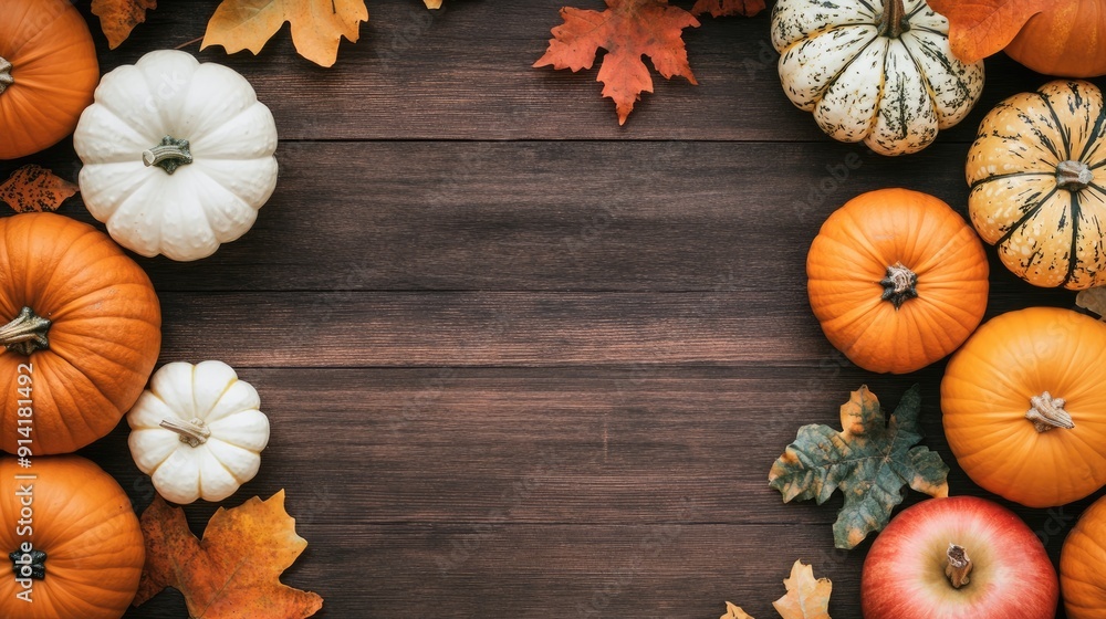 A vibrant arrangement of various pumpkins and apples, surrounded by autumn leaves, showcasing the essence of fall on a weathered wooden surface A vibrant arrangement of various pumpkins and apples, surrounded by autumn leaves, showcasing the essence of fall on a weathered wooden surface