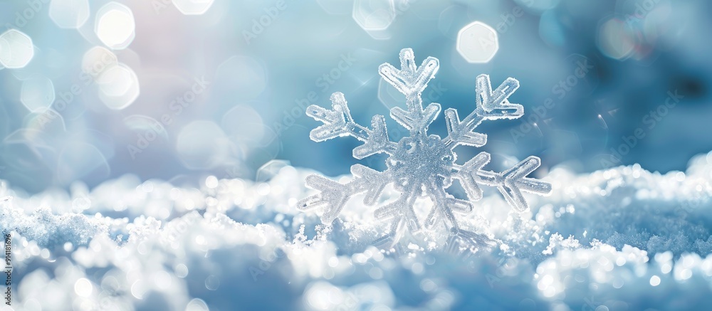 A white snowflake displayed against a soft focus gleaming white and blue backdrop offering copy space for design templates A white snowflake displayed against a soft focus gleaming white and blue backdrop offering copy space for design templates