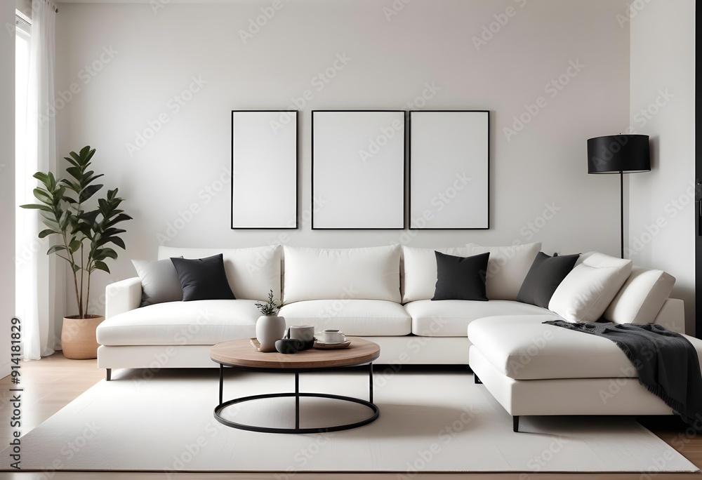 A modern and minimalist living room with a large white sectional sofa, a round wooden coffee table, and two canvas with a black frame on the wall neutral tones A modern and minimalist living room with a large white sectional sofa, a round wooden coffee table, and two canvas with a black frame on the wall neutral tones