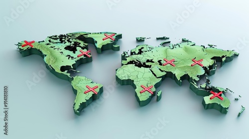 A 3D clip art of the world map with red  X  marks over countries photo