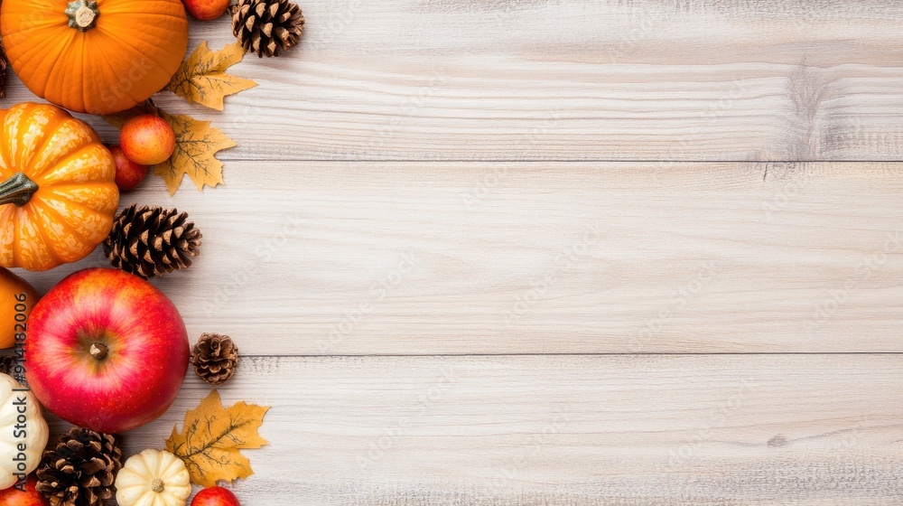 A vibrant arrangement of various pumpkins and apples, surrounded by autumn leaves, showcasing the essence of fall on a weathered wooden surface A vibrant arrangement of various pumpkins and apples, surrounded by autumn leaves, showcasing the essence of fall on a weathered wooden surface