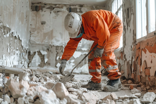 A man in an orange jumpsuit is working on a construction site doing demolition work.