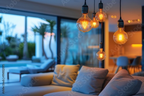 Warm and inviting living room with stylish light bulbs