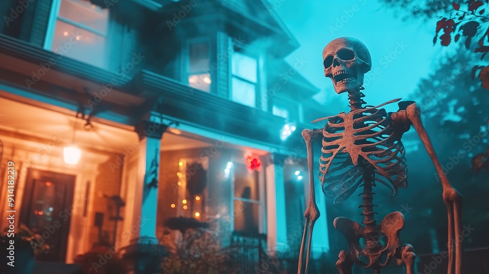 A haunted house exterior with fog effects, skeletons, and creepy decorations. A haunted house exterior with fog effects, skeletons, and creepy decorations.