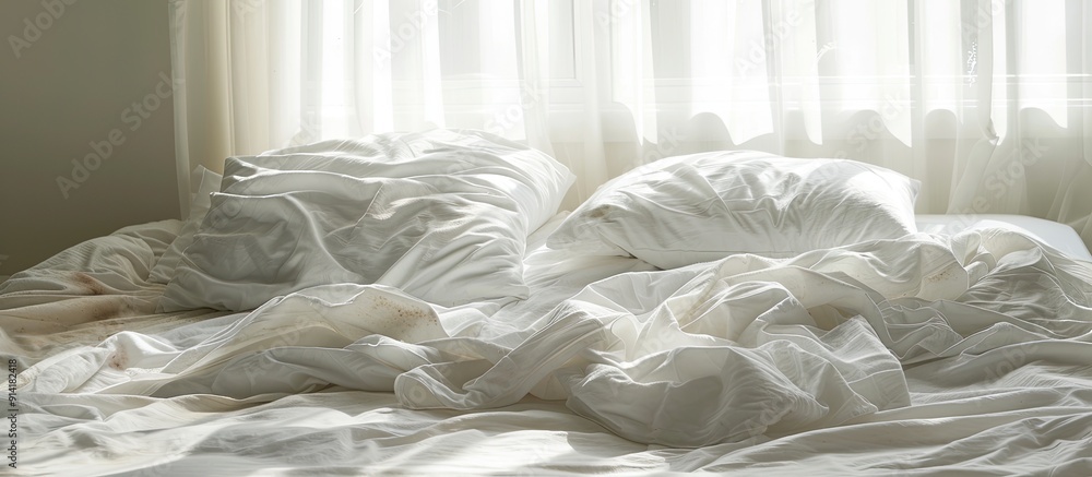 Unmade white bed with visible stains after sleep suitable for use as a copy space image Unmade white bed with visible stains after sleep suitable for use as a copy space image