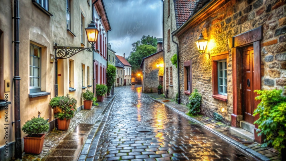 Fototapeta premium Narrow, winding streets of an old European village with rain-soaked cobblestones reflecting street lamps.