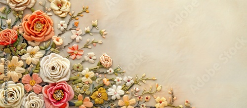 Embroidered flowers on a background suitable for adding text or images known as a copy space image