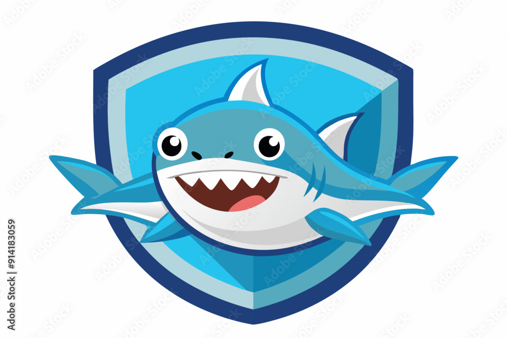 Fototapeta premium Smiling Blue Shark Inside a Shield-Shaped Logo