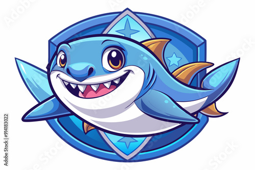 Cheerful Blue Shark Character with Star-Emblazoned Surfboard