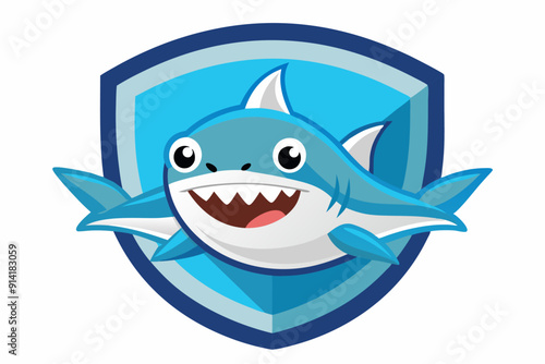 Smiling Blue Shark Inside a Shield-Shaped Logo