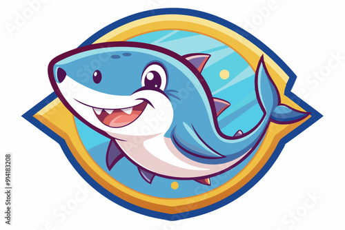 Cartoon Illustration of a Friendly Blue Shark in a Circular Frame
