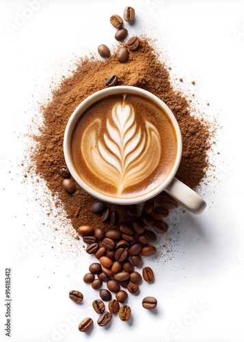 Coffee Mug and Grinded Coffee Beans Concept Photography Isolated on White Background