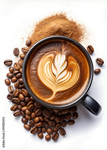 Coffee Mug and Grinded Coffee Beans Concept Photography Isolated on White Background