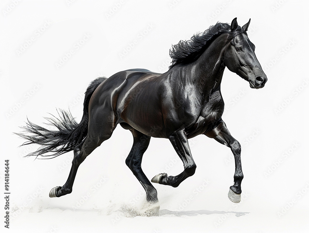 Majestic Black Horse Galloping Across White Sand During Bright Daylight Majestic Black Horse Galloping Across White Sand During Bright Daylight