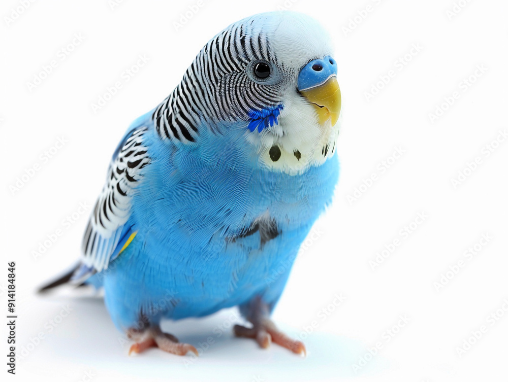 Naklejka premium Vibrant Blue Parakeet Perched on Surface With a Soft White Background