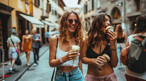 Fototapeta Naklejka Na Ścianę i Meble -  Friends enjoying sweet gelato treats while strolling through the charming streets of an Italian town.