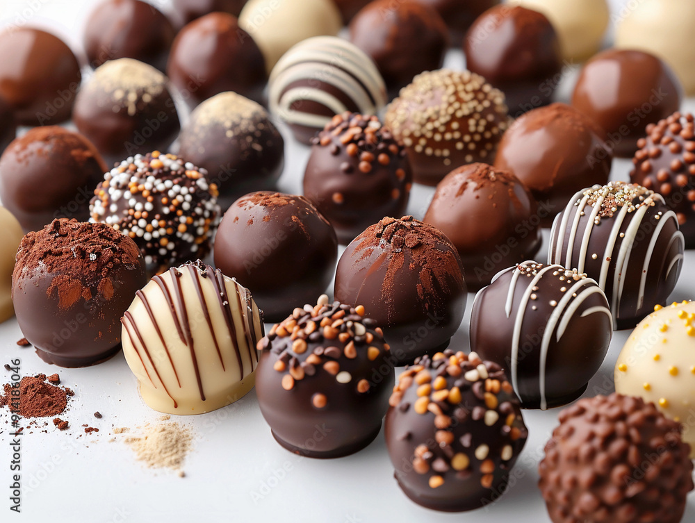 Delicious Assortment of Handmade Chocolate Truffles Displayed on a White Surface Delicious Assortment of Handmade Chocolate Truffles Displayed on a White Surface