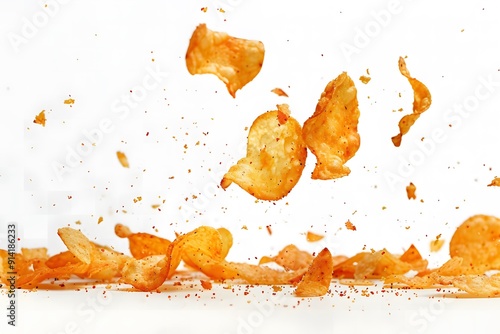 A scattering of crispy chips lay and flung across the white surface photo