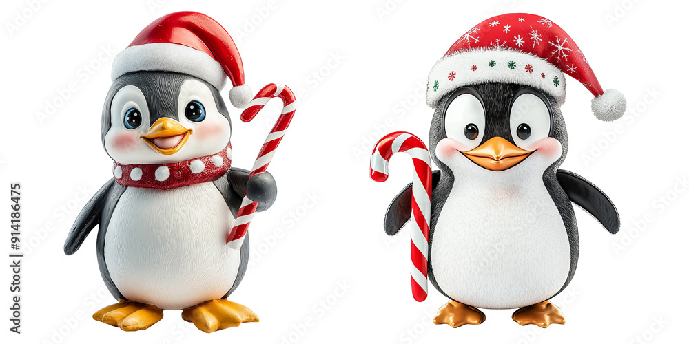 A penguin character wearing a Santa hat and holding a candy cane, png A penguin character wearing a Santa hat and holding a candy cane, png