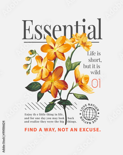 essential slogan with yellow flowers bouquet hand drawn vector illustration