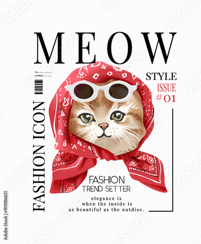 meow slogan with cute kitten in bandana head scarf magazine cover hand drawn vector illustration