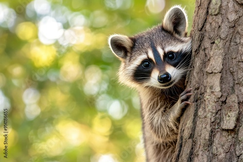 Curious raccoon peeking out from behind a tree in a forest