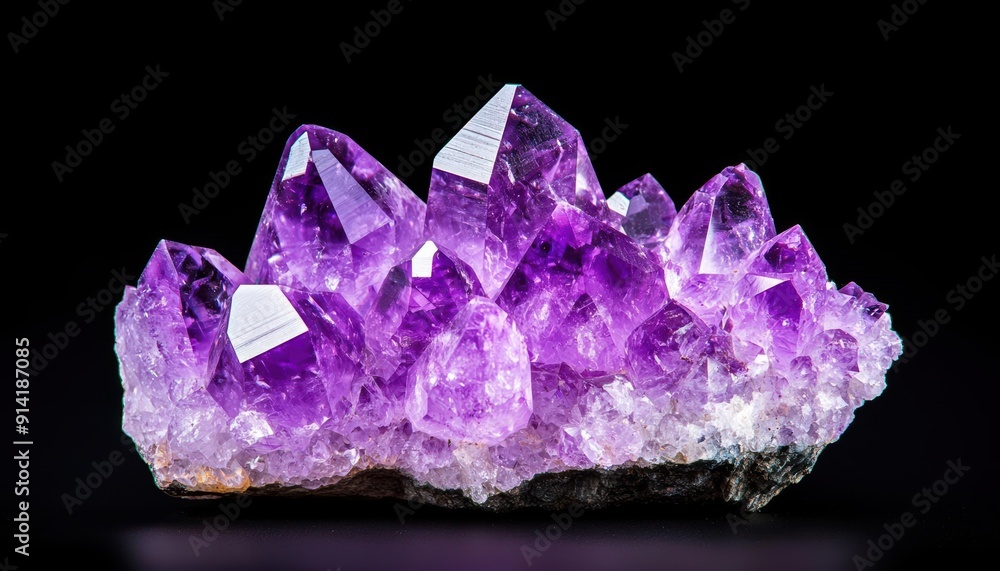 Close-up of a vibrant amethyst cluster on a black background. Close-up of a vibrant amethyst cluster on a black background.