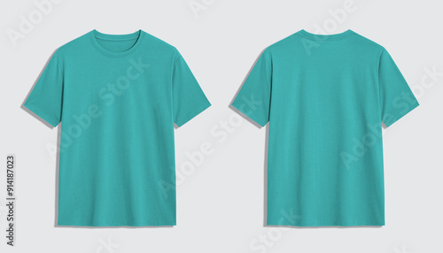 Blank turquoise tshirt front and back mockup isolated on white background with clipping path.